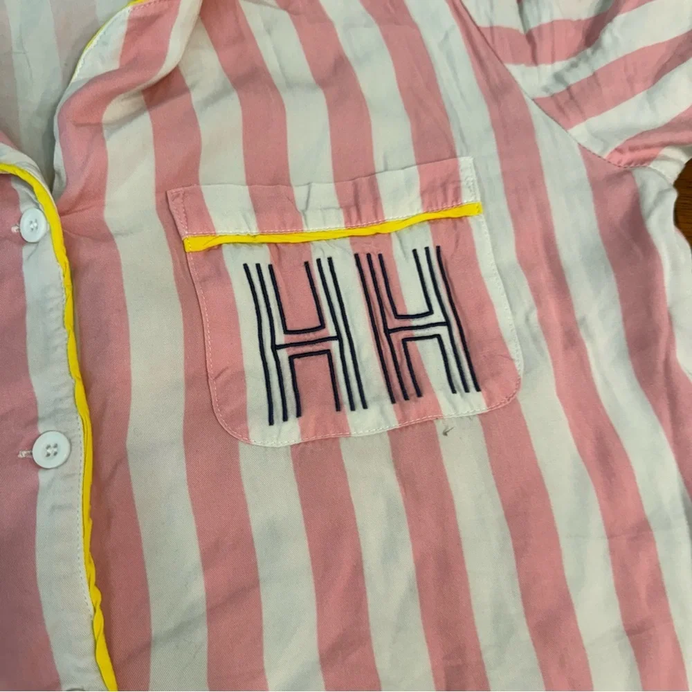 Katie Kime Retro Stripe Pink White Pajama Set Yellow HH on pocket size medium - Picture 2 of 12
